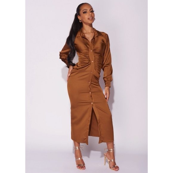 Brown Satin Silk Long Sleeve V-Neck Ruched Midi Shirt Dress - Picture 1 of 10